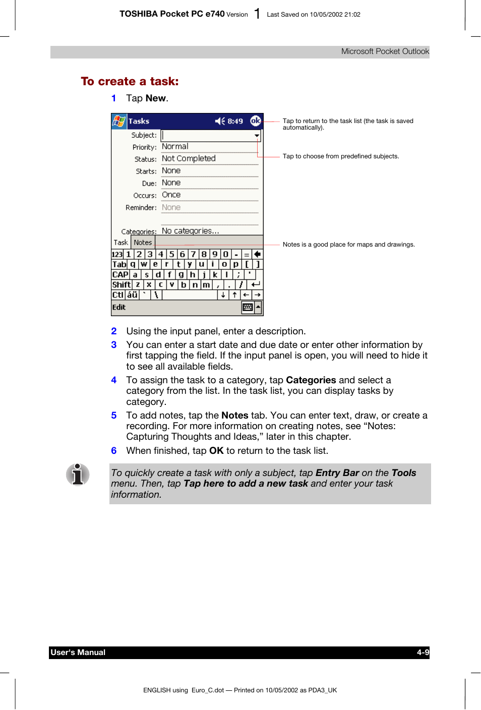 To create a task | Toshiba Pocket PC e740 User Manual | Page 67 / 182