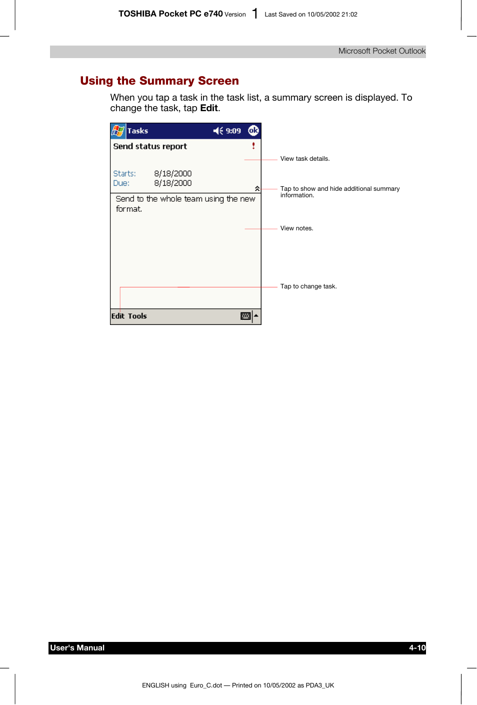 Using the summary screen | Toshiba Pocket PC e740 User Manual | Page 68 / 182