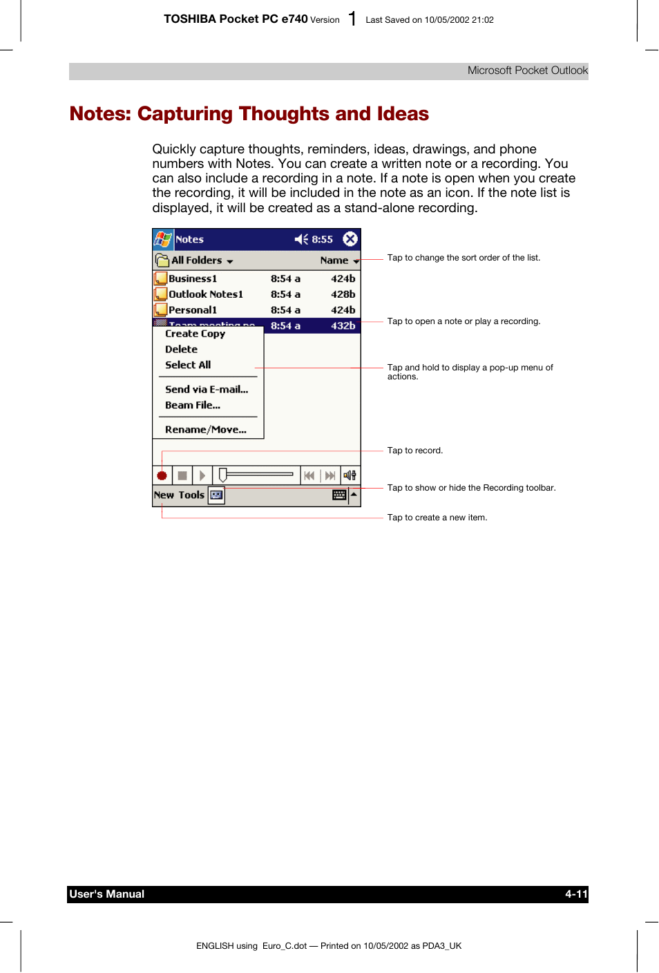 Notes: capturing thoughts and ideas | Toshiba Pocket PC e740 User Manual | Page 69 / 182