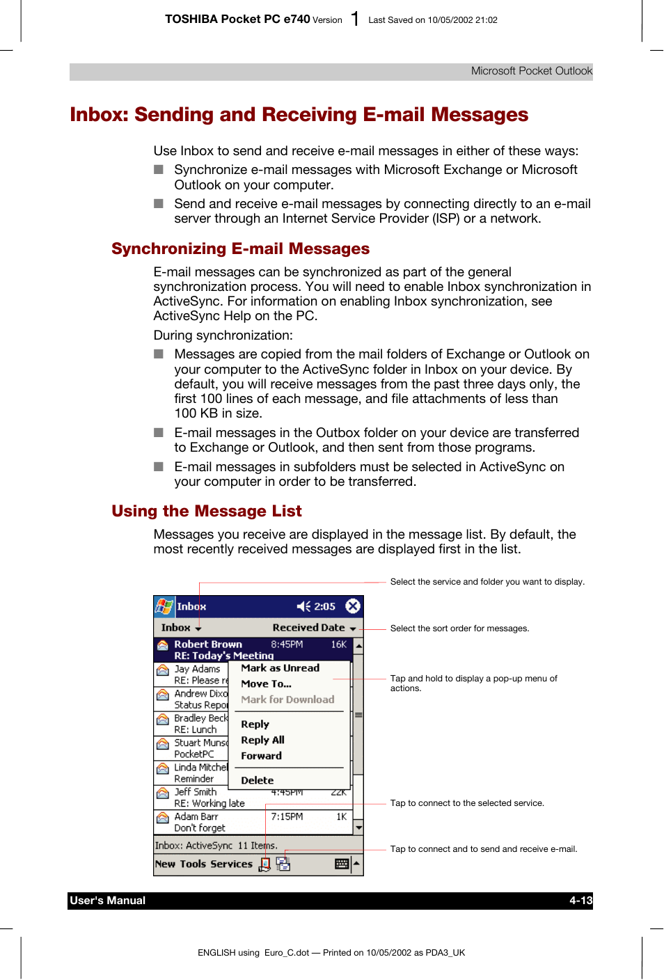 Inbox: sending and receiving e-mail messages, Synchronizing e-mail messages, Using the message list | Toshiba Pocket PC e740 User Manual | Page 71 / 182