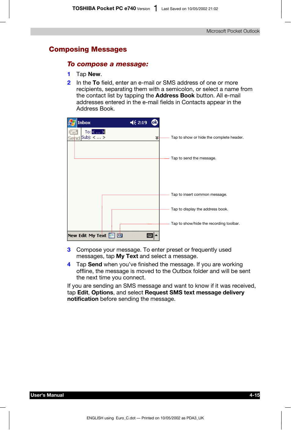 Composing messages | Toshiba Pocket PC e740 User Manual | Page 73 / 182