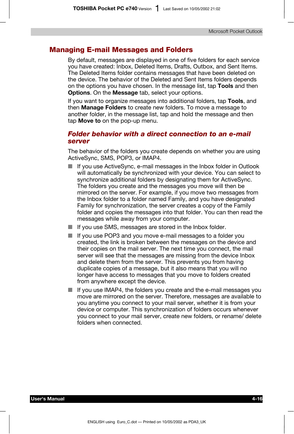 Managing e-mail messages and folders | Toshiba Pocket PC e740 User Manual | Page 74 / 182