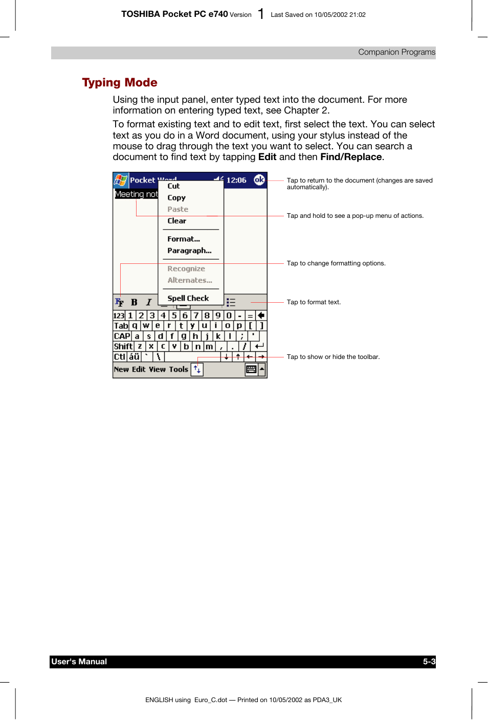 Typing mode | Toshiba Pocket PC e740 User Manual | Page 77 / 182