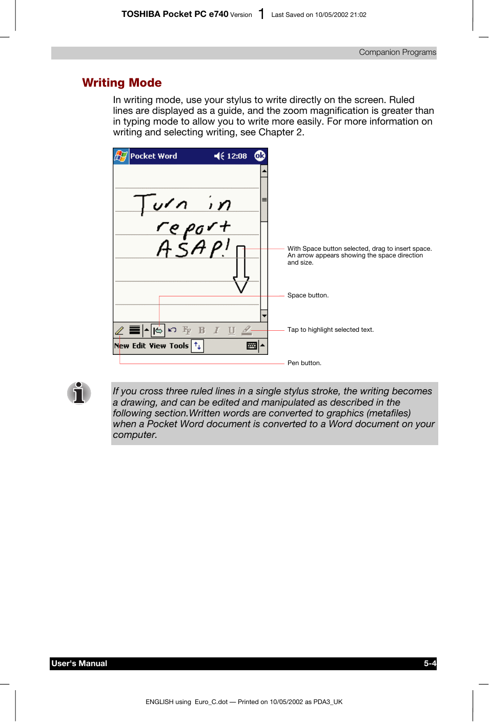 Writing mode | Toshiba Pocket PC e740 User Manual | Page 78 / 182