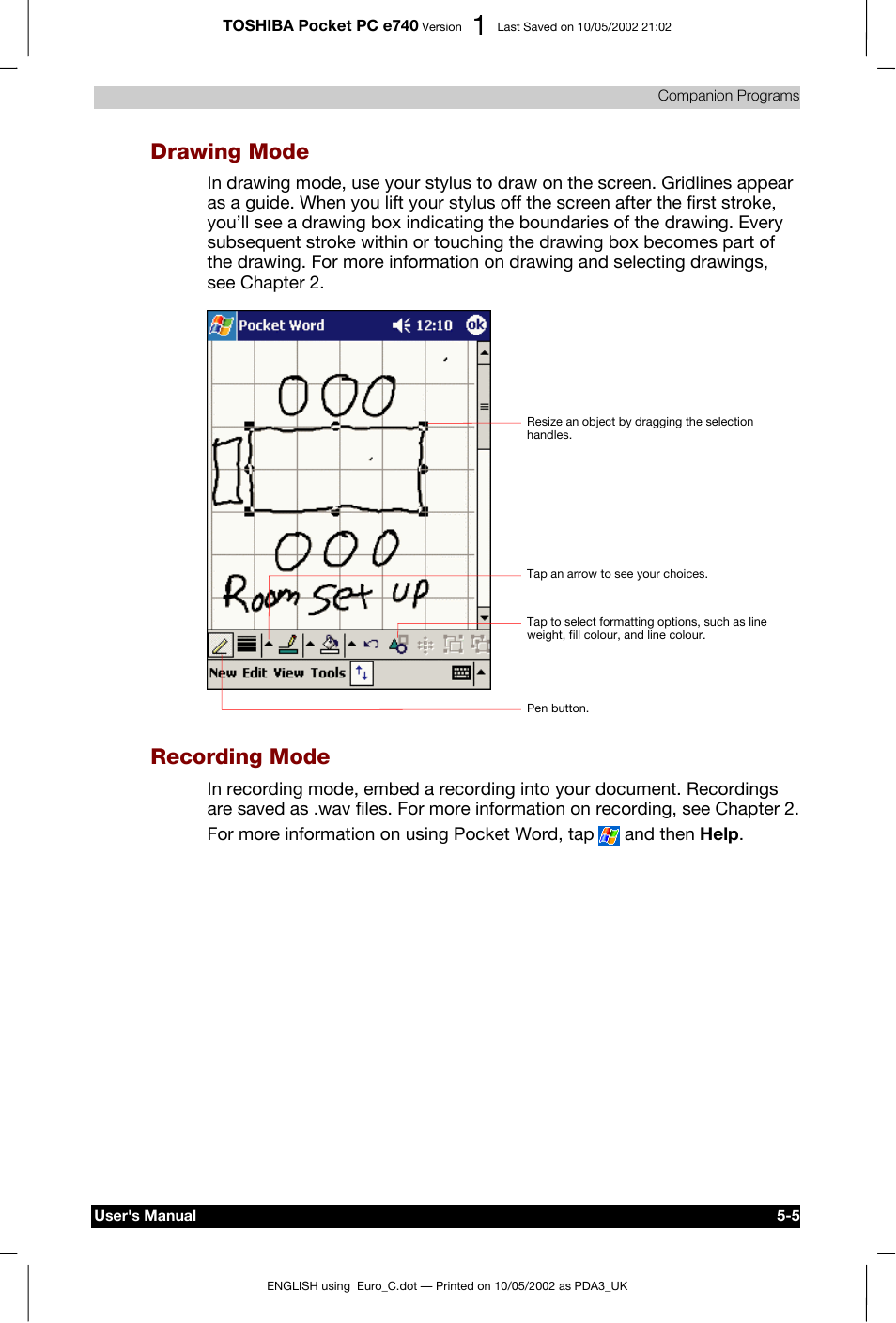 Drawing mode, Recording mode | Toshiba Pocket PC e740 User Manual | Page 79 / 182