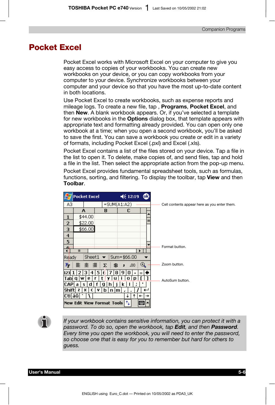 Pocket excel | Toshiba Pocket PC e740 User Manual | Page 80 / 182