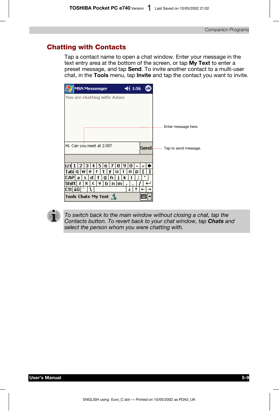Chatting with contacts | Toshiba Pocket PC e740 User Manual | Page 83 / 182