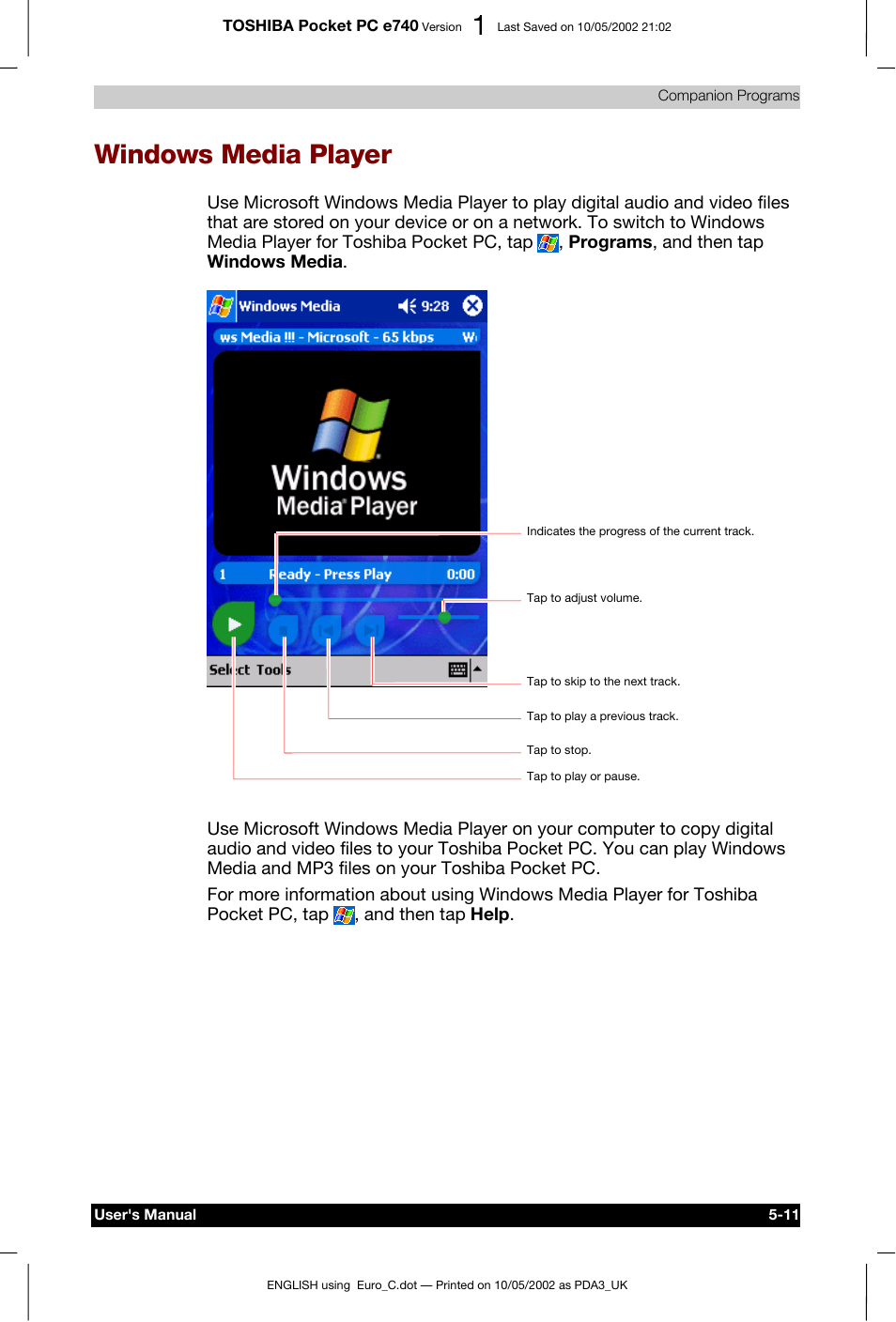 Windows media player | Toshiba Pocket PC e740 User Manual | Page 85 / 182