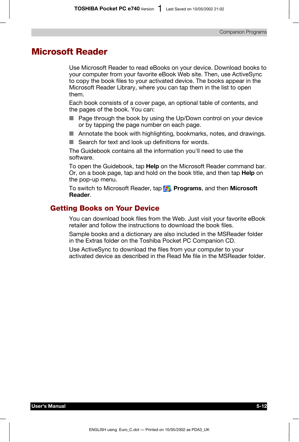 Microsoft reader, Getting books on your device | Toshiba Pocket PC e740 User Manual | Page 86 / 182