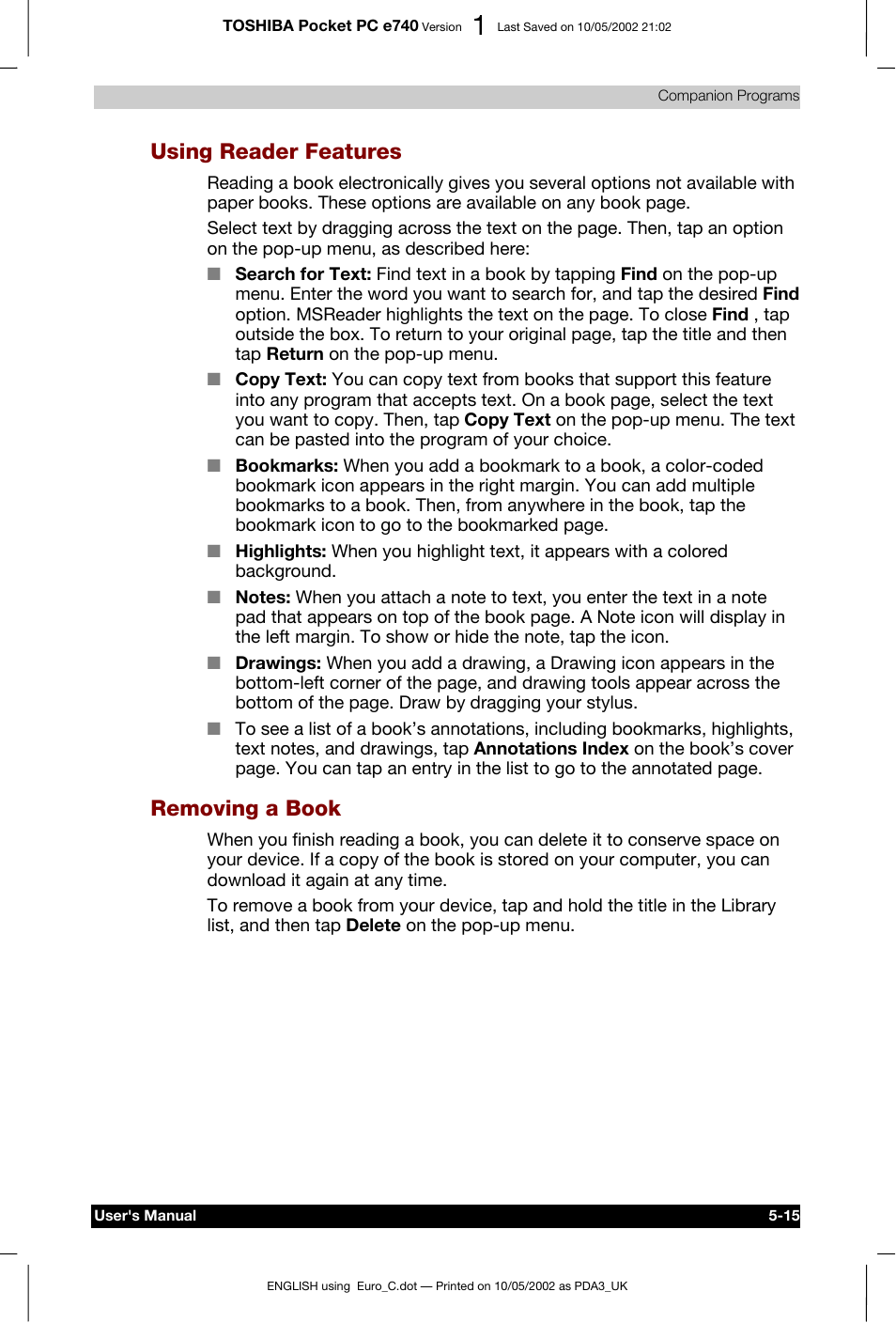 Using reader features, Removing a book | Toshiba Pocket PC e740 User Manual | Page 89 / 182