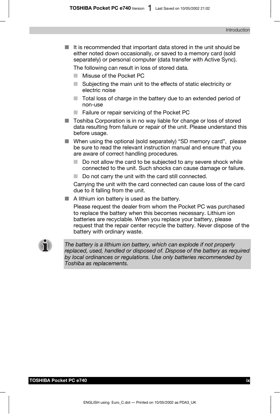 Toshiba Pocket PC e740 User Manual | Page 9 / 182