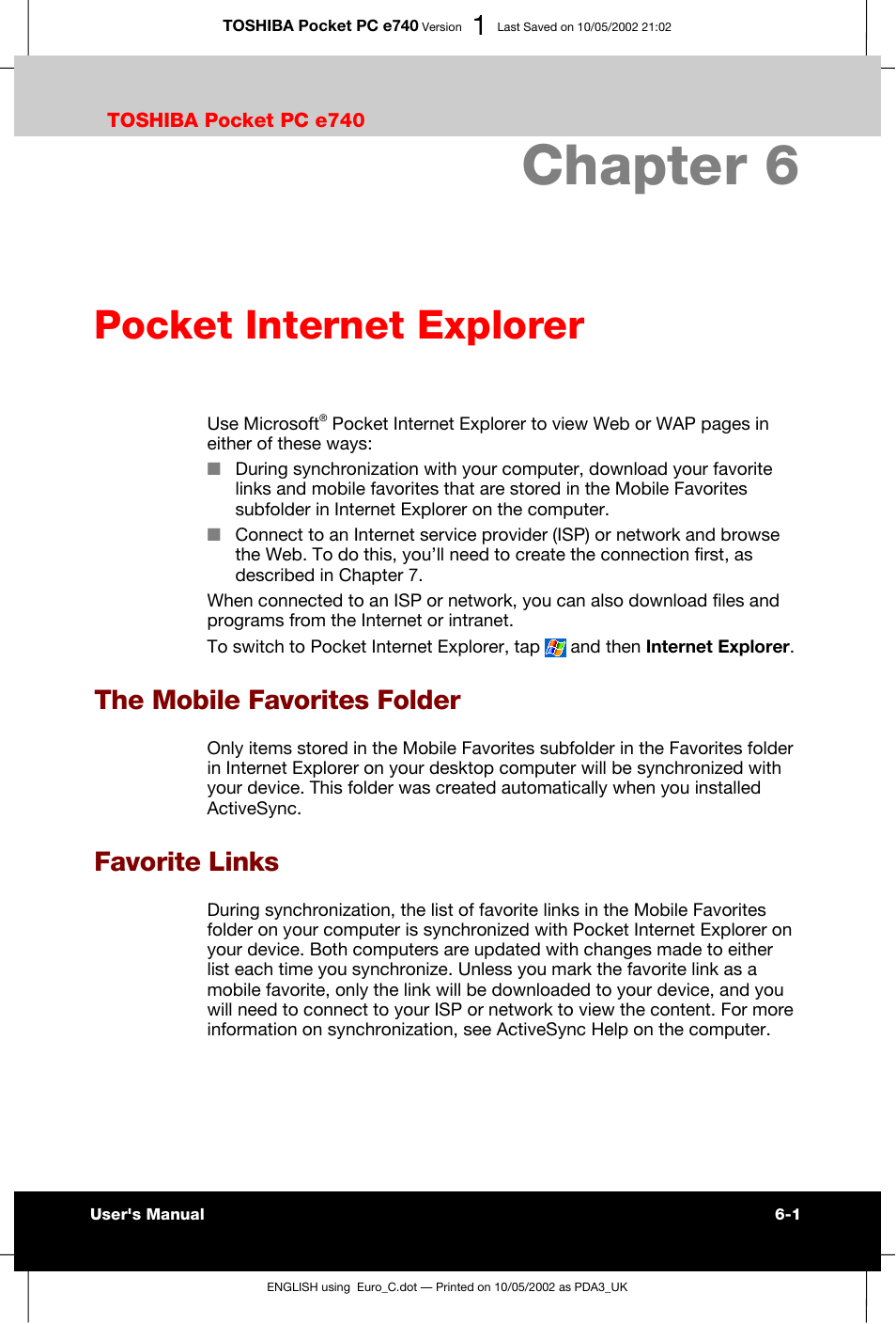 Pocket internet explorer, The mobile favorites folder, Favorite links | Chapter 6 | Toshiba Pocket PC e740 User Manual | Page 90 / 182