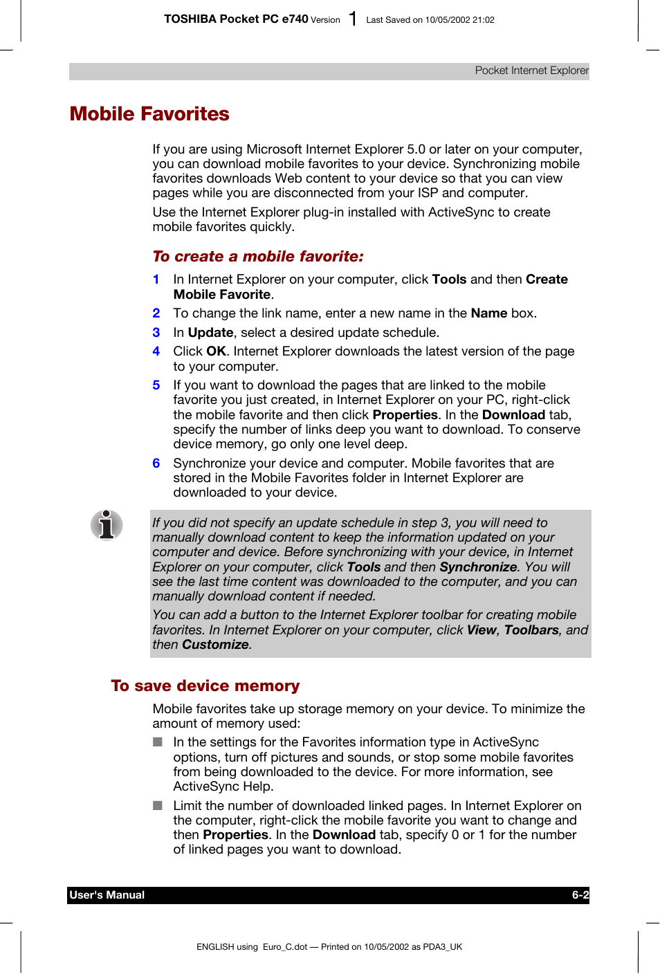 Mobile favorites, To save device memory | Toshiba Pocket PC e740 User Manual | Page 91 / 182