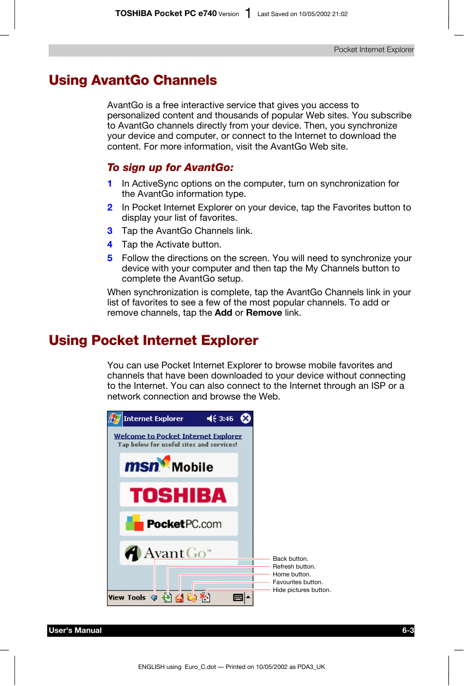 Using avantgo channels, Using pocket internet explorer | Toshiba Pocket PC e740 User Manual | Page 92 / 182