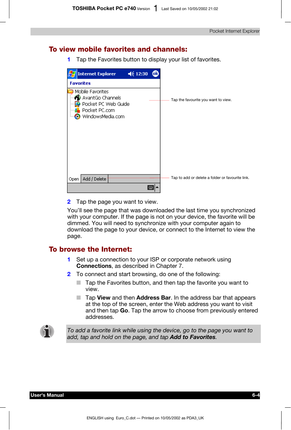 To view mobile favorites and channels, To browse the internet | Toshiba Pocket PC e740 User Manual | Page 93 / 182