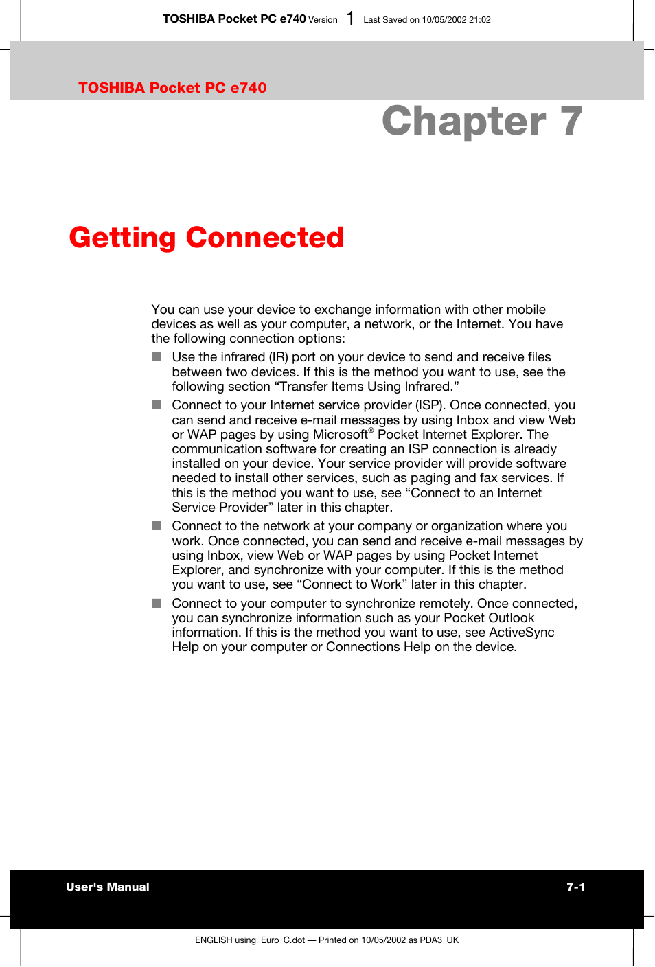 Getting connected, Chapter 7 | Toshiba Pocket PC e740 User Manual | Page 94 / 182