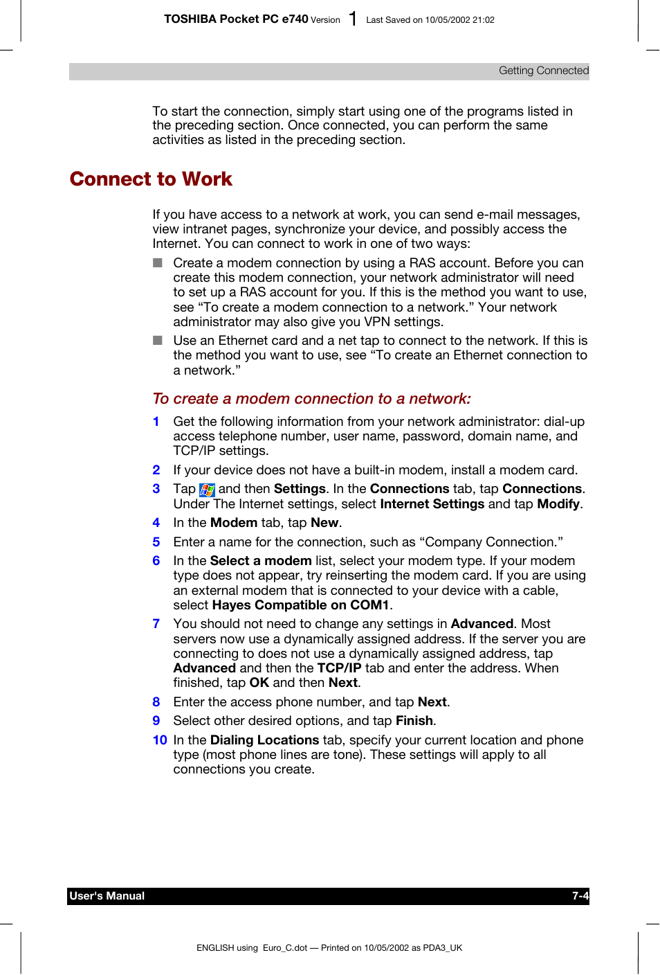 Connect to work | Toshiba Pocket PC e740 User Manual | Page 97 / 182