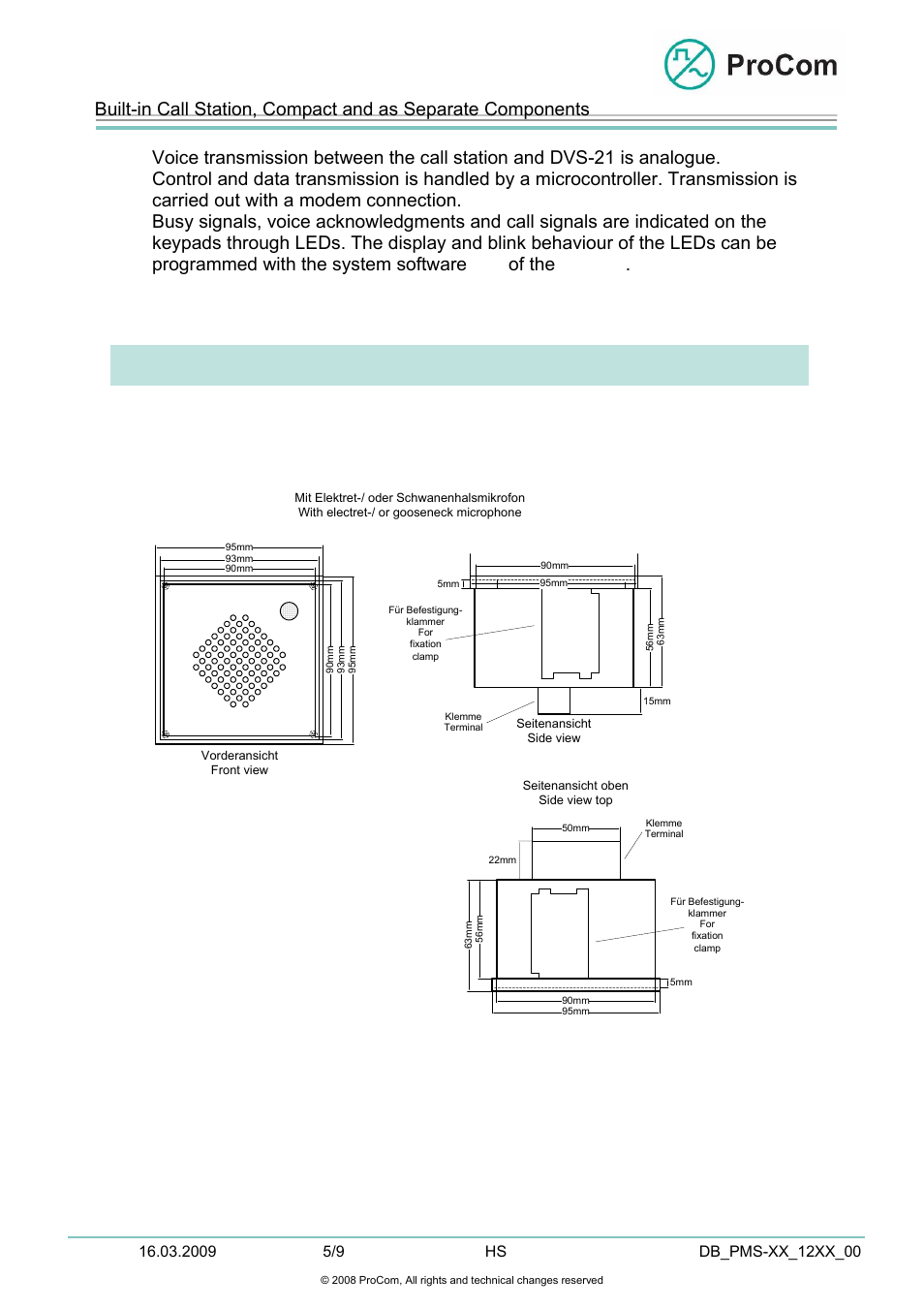 Data sheet, Mechanical data | Procom PMM-01 User Manual | Page 5 / 9