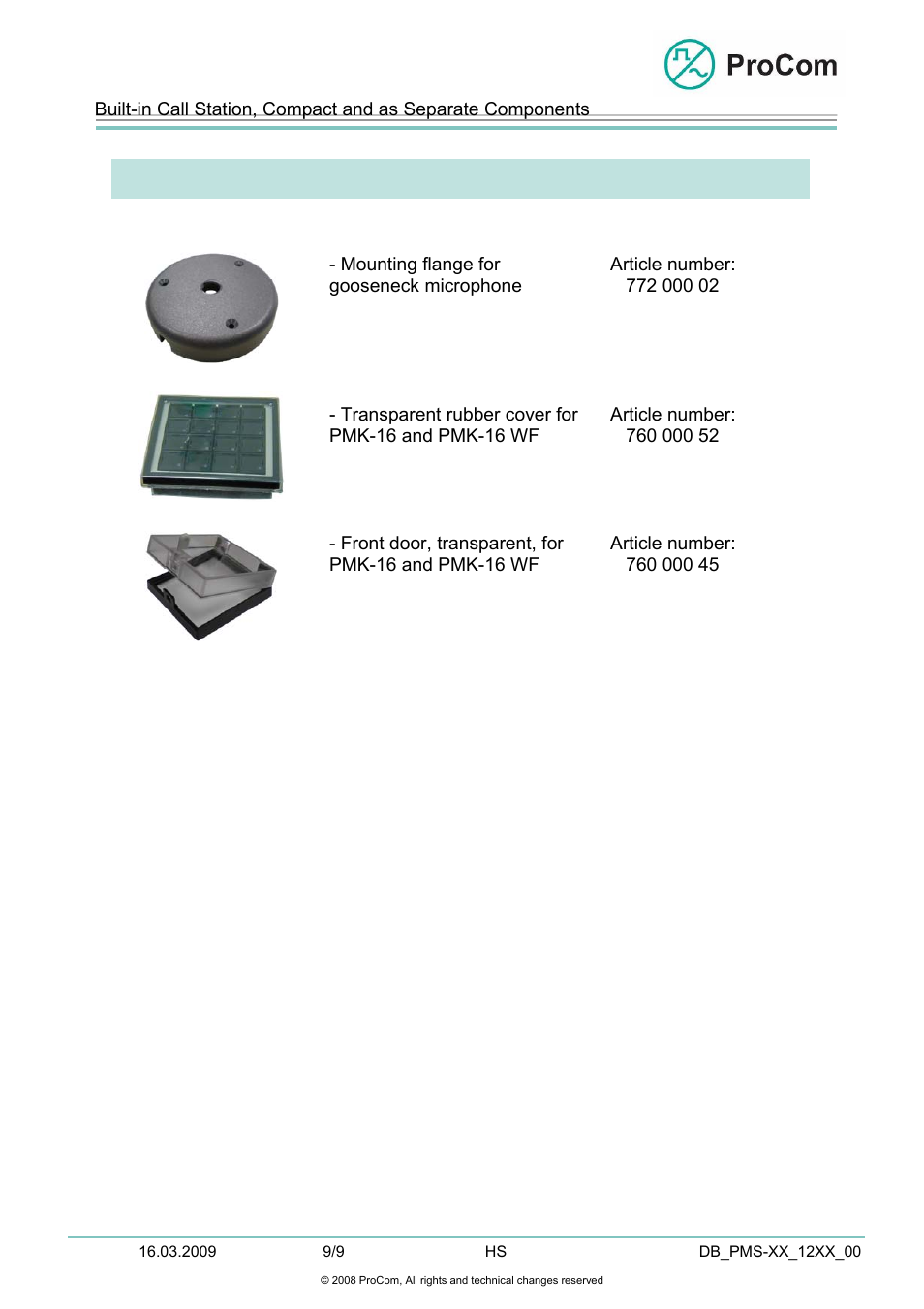 Data sheet, Accessories | Procom PMM-01 User Manual | Page 9 / 9