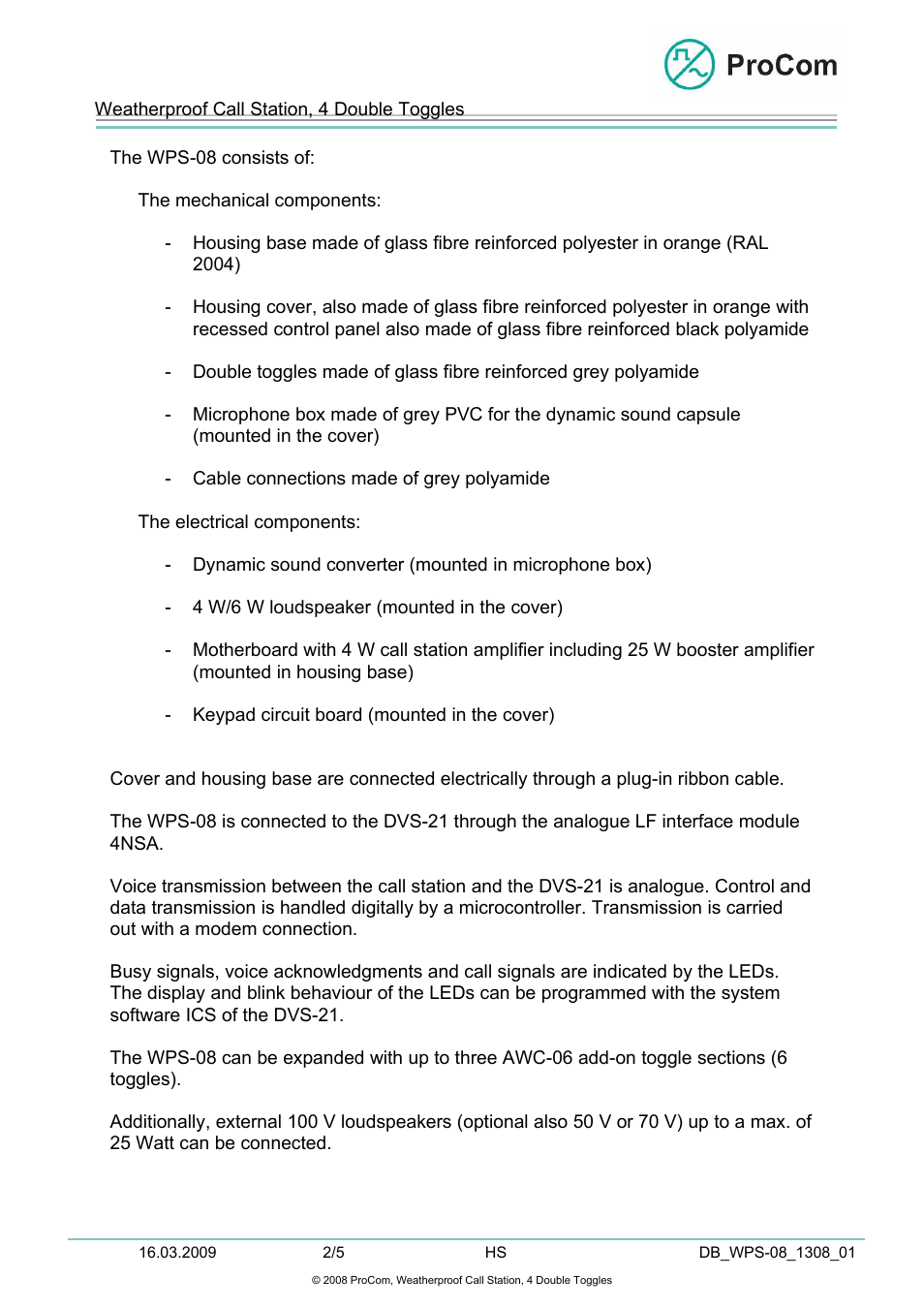 Data sheet, Wps-08 | Procom WPS-08 User Manual | Page 2 / 5