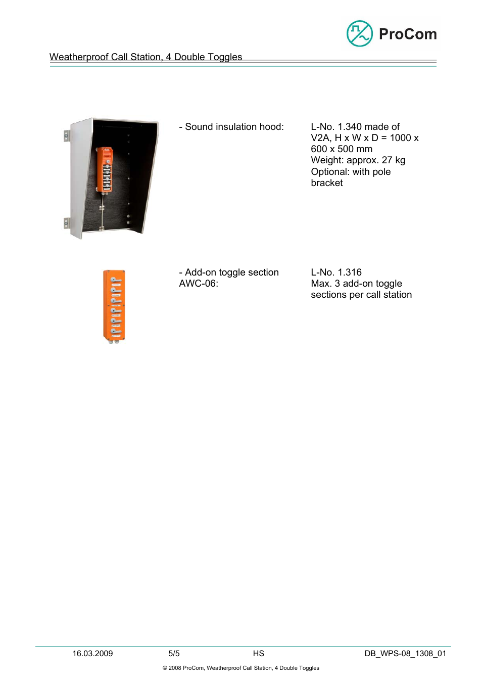 Data sheet, Wps-08 | Procom WPS-08 User Manual | Page 5 / 5