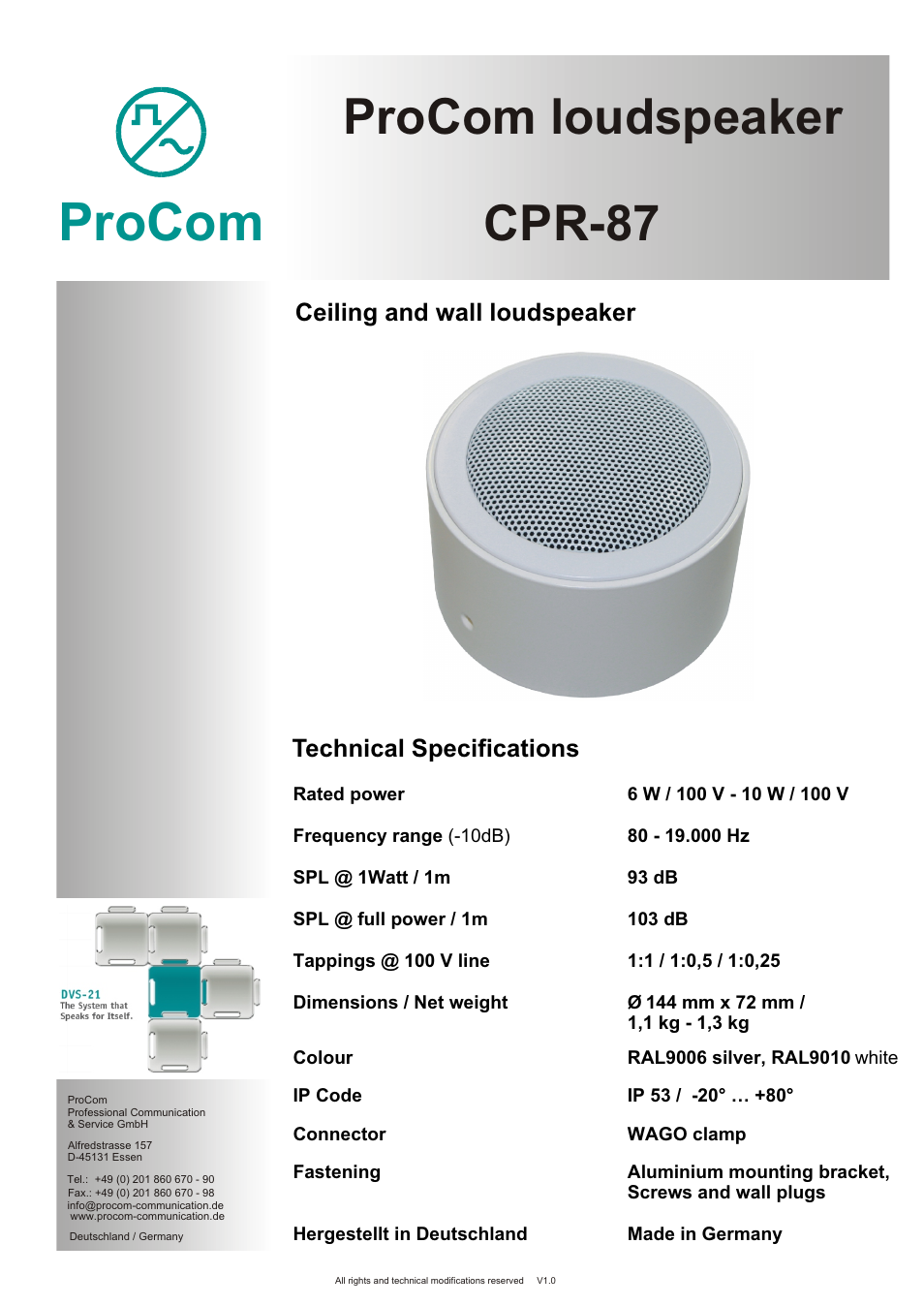 Procom CPR-87 User Manual | 2 pages
