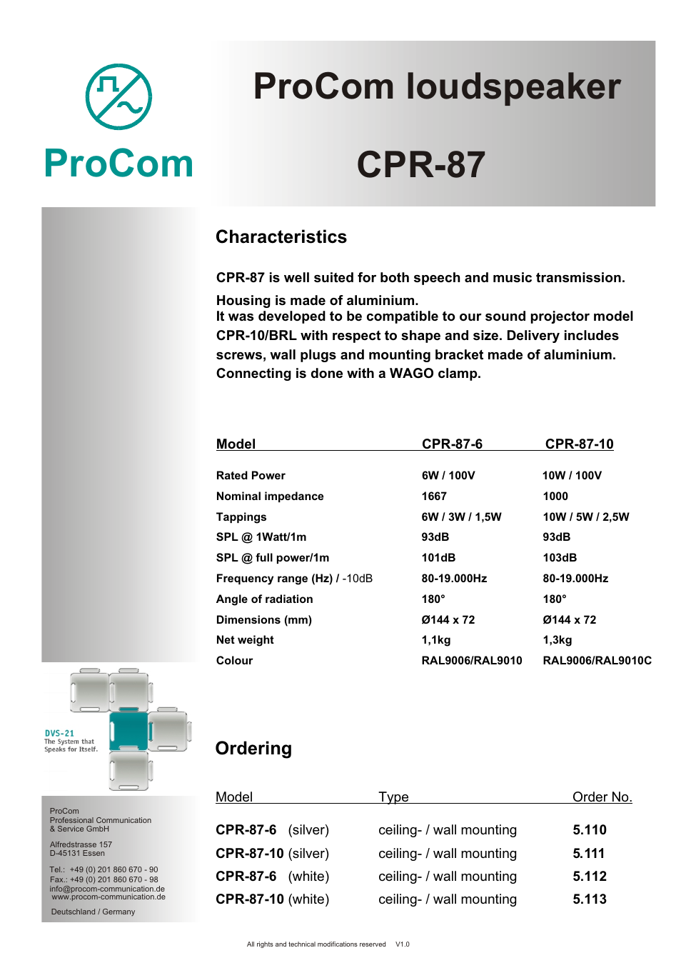 Seite2, Procom, Procom loudspeaker | Cpr-87, Characteristics, Ordering | Procom CPR-87 User Manual | Page 2 / 2