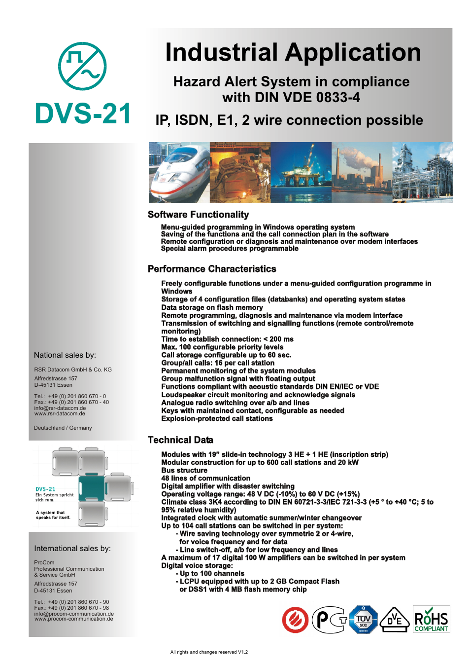 Seite2, Dvs-21, Industrial application | Software functionality, Performance characteristics, Technical data | Procom IP, ISDN, E1 Industrial Application User Manual | Page 2 / 2