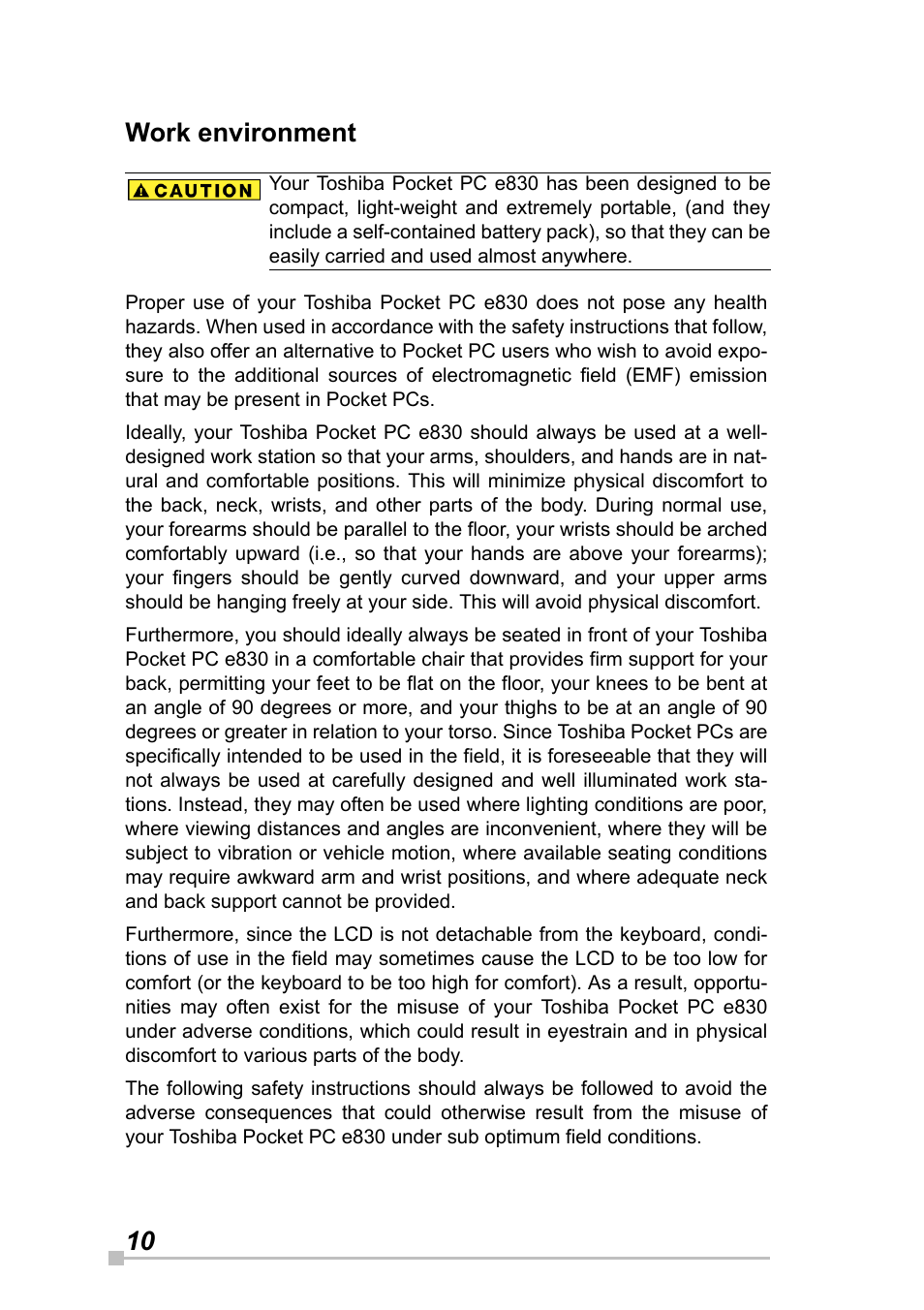 10 work environment | Toshiba Pocket Pc e830 User Manual | Page 10 / 228