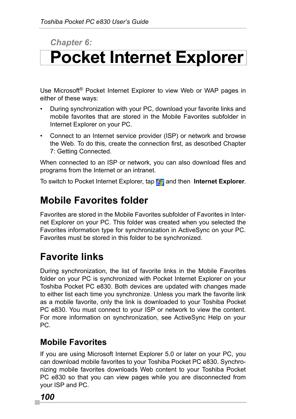 Chapter 6: pocket internet explorer, Mobile favorites folder, Favorite links | Mobile favorites, Chapter 6, Pocket internet explorer | Toshiba Pocket Pc e830 User Manual | Page 100 / 228