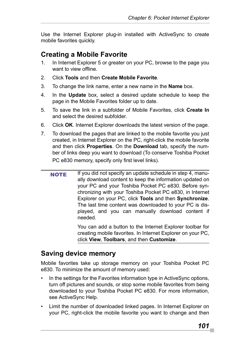 Creating a mobile favorite, Saving device memory | Toshiba Pocket Pc e830 User Manual | Page 101 / 228
