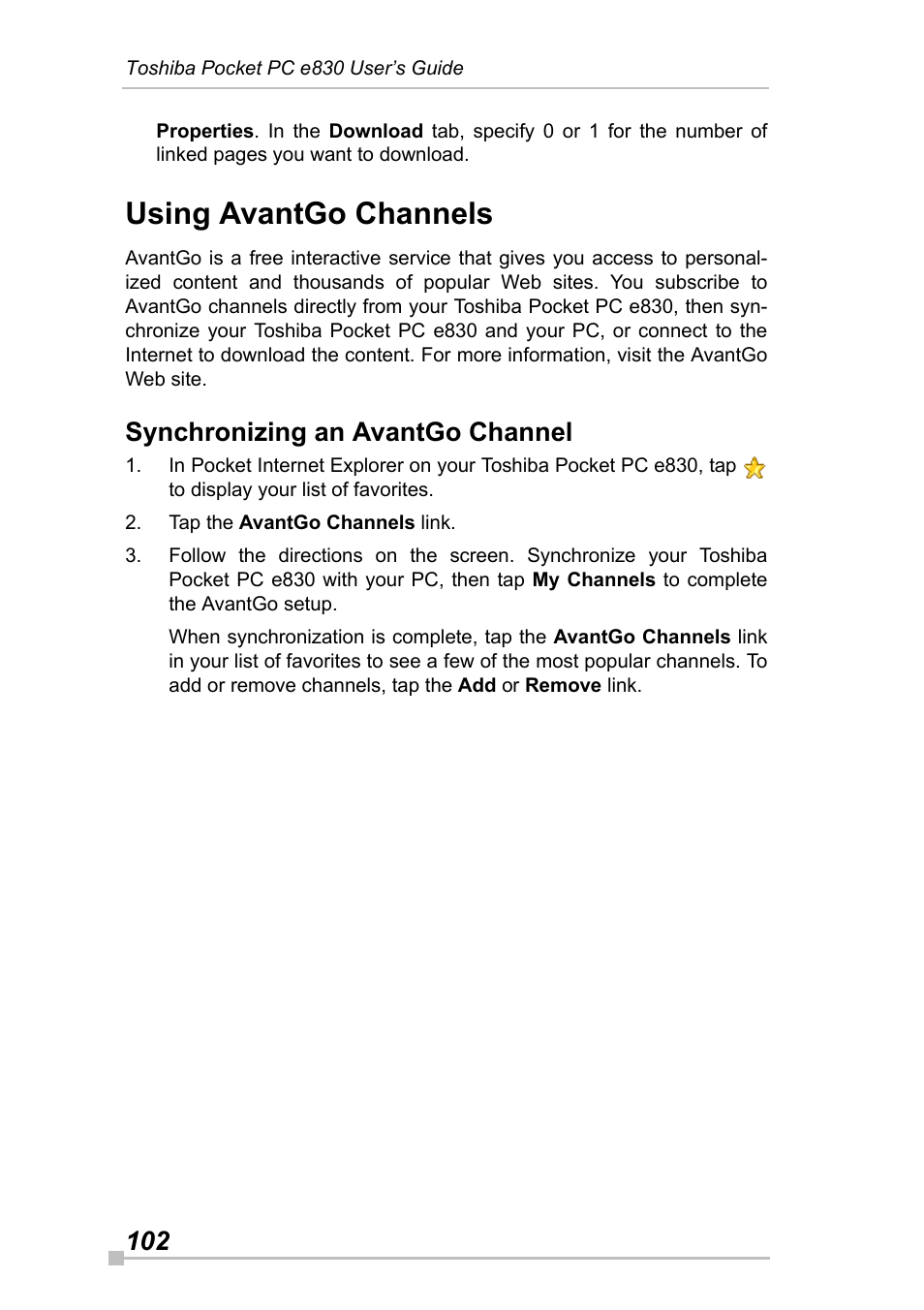 Using avantgo channels, Synchronizing an avantgo channel | Toshiba Pocket Pc e830 User Manual | Page 102 / 228