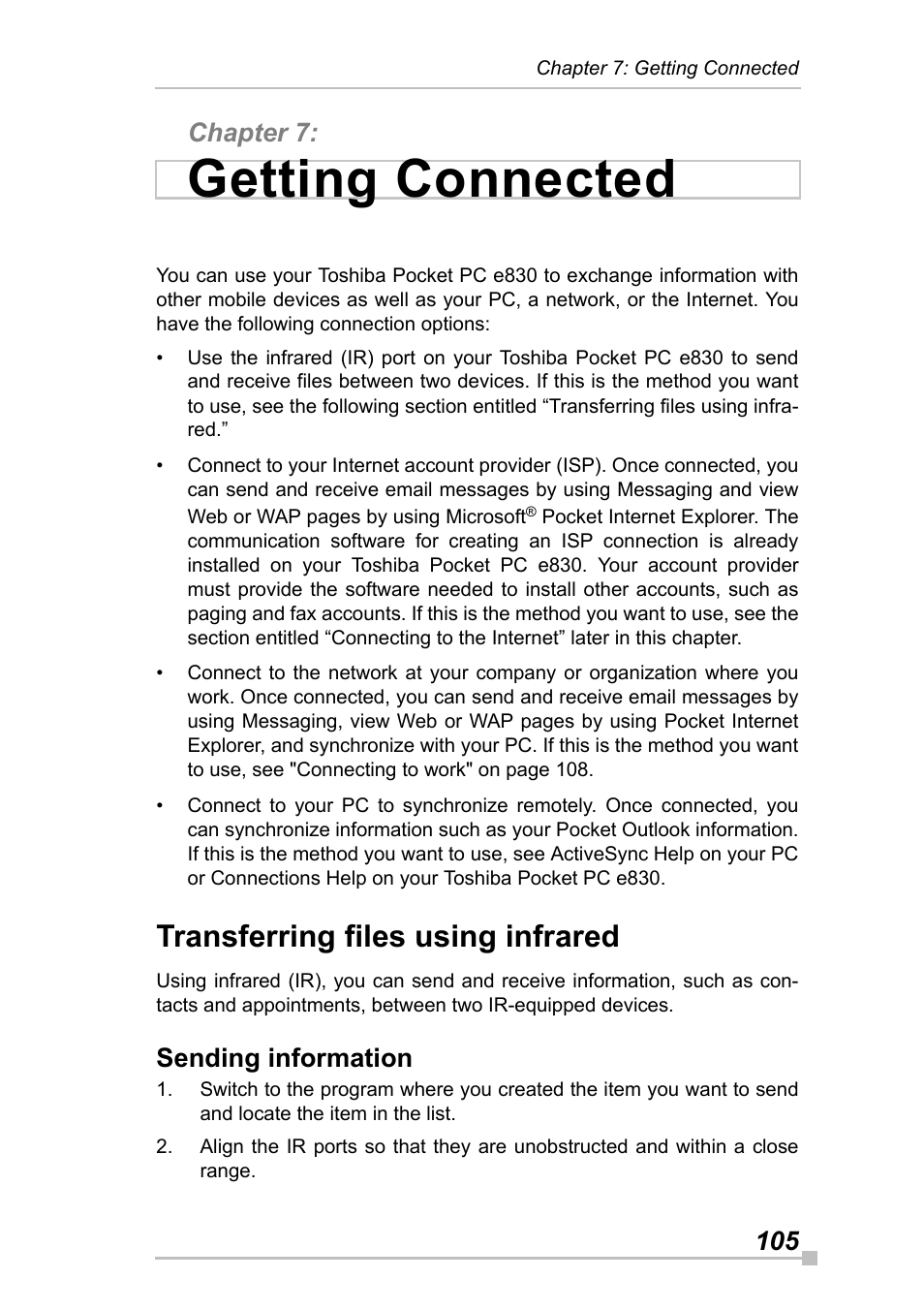 Chapter 7: getting connected, Transferring files using infrared, Sending information | Chapter 7, Getting connected, 105 chapter 7 | Toshiba Pocket Pc e830 User Manual | Page 105 / 228