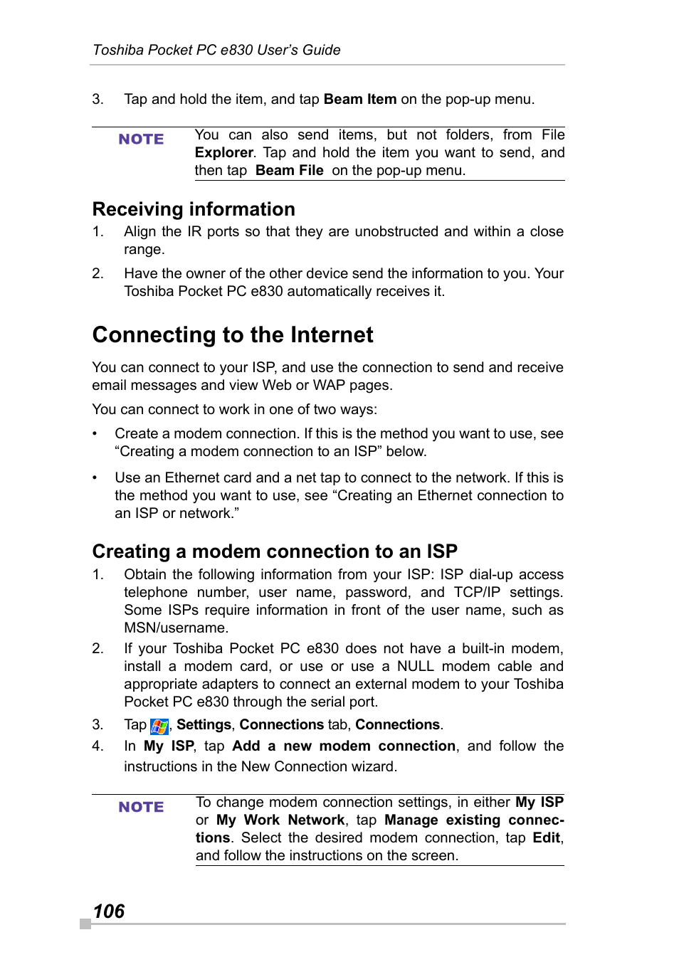 Receiving information, Connecting to the internet, Creating a modem connection to an isp | Toshiba Pocket Pc e830 User Manual | Page 106 / 228