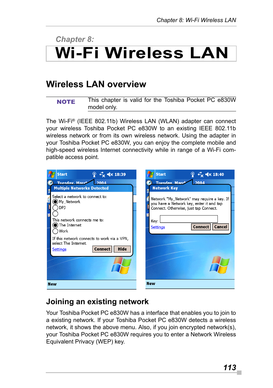 Chapter 8: wi-fi wireless lan, Wireless lan overview, Joining an existing network | Chapter 8, Wi-fi wireless lan | Toshiba Pocket Pc e830 User Manual | Page 113 / 228