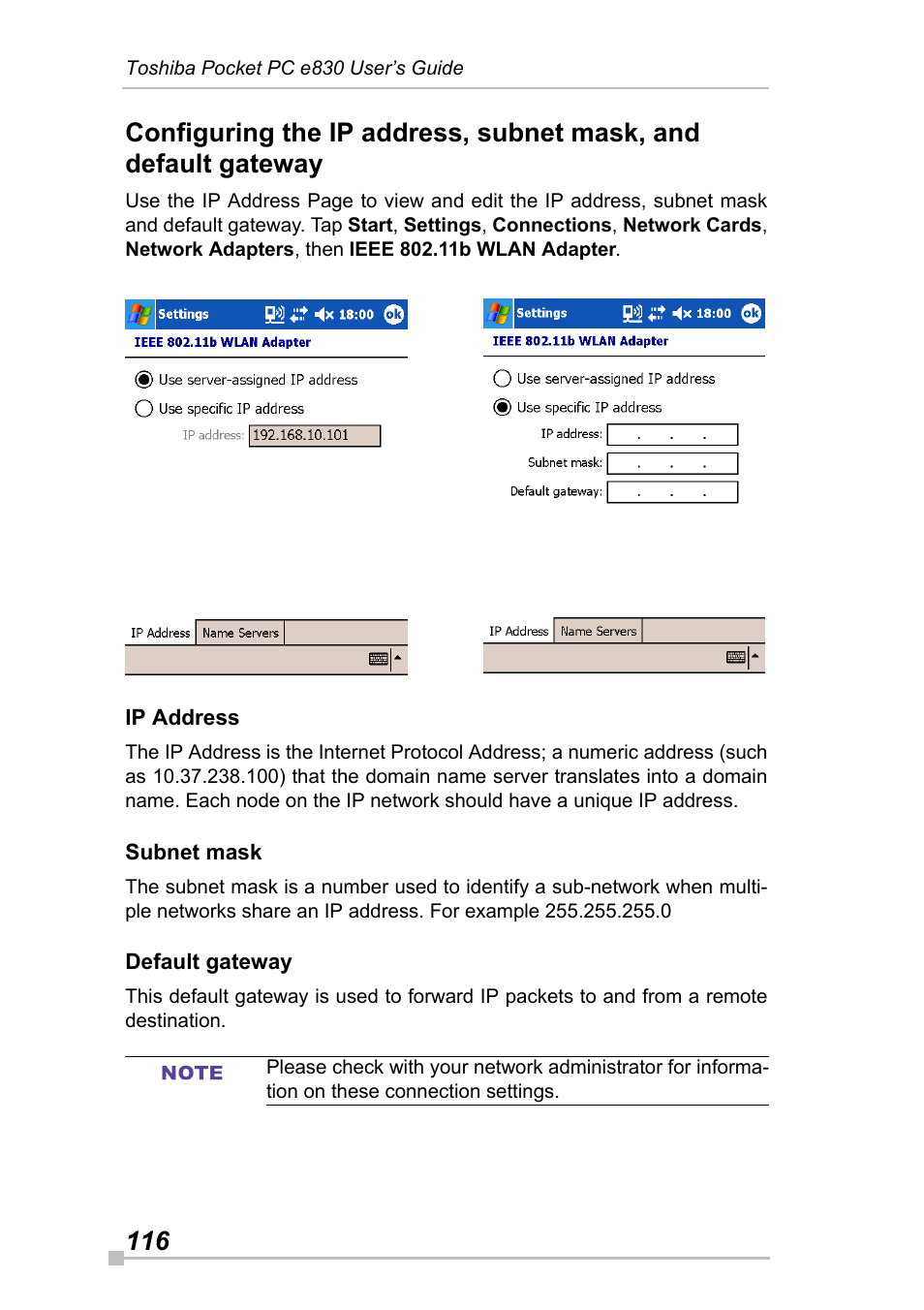 Ip address, Subnet mask, Default gateway | Toshiba Pocket Pc e830 User Manual | Page 116 / 228