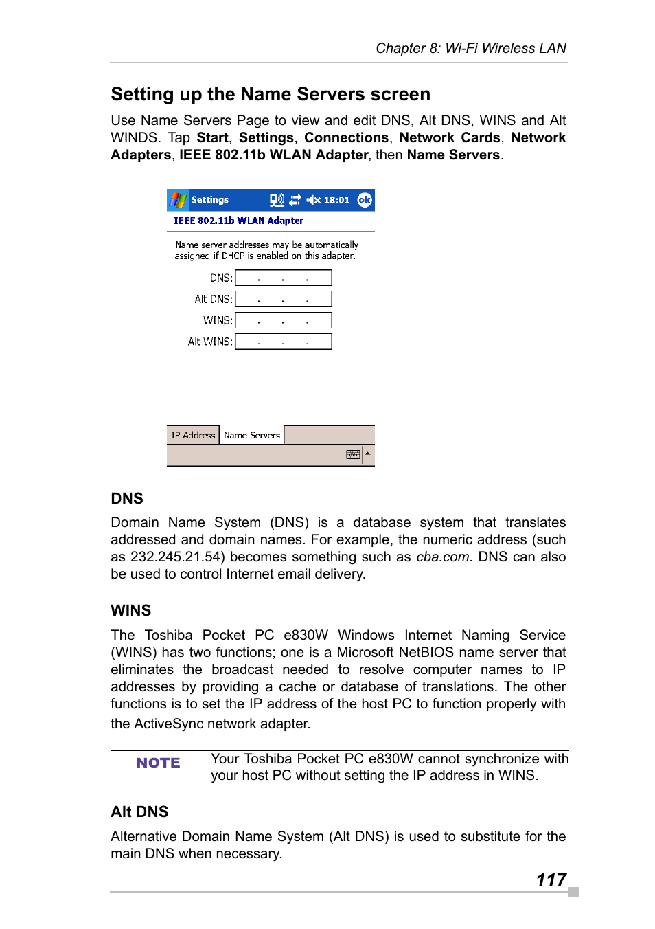 Setting up the name servers screen, Wins, Alt dns | 117 setting up the name servers screen | Toshiba Pocket Pc e830 User Manual | Page 117 / 228
