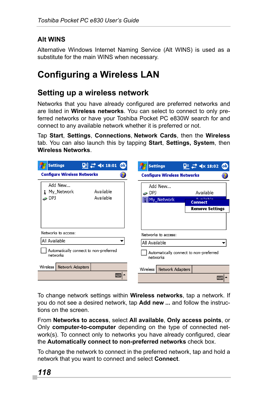 Alt wins, Configuring a wireless lan, Setting up a wireless network | Toshiba Pocket Pc e830 User Manual | Page 118 / 228