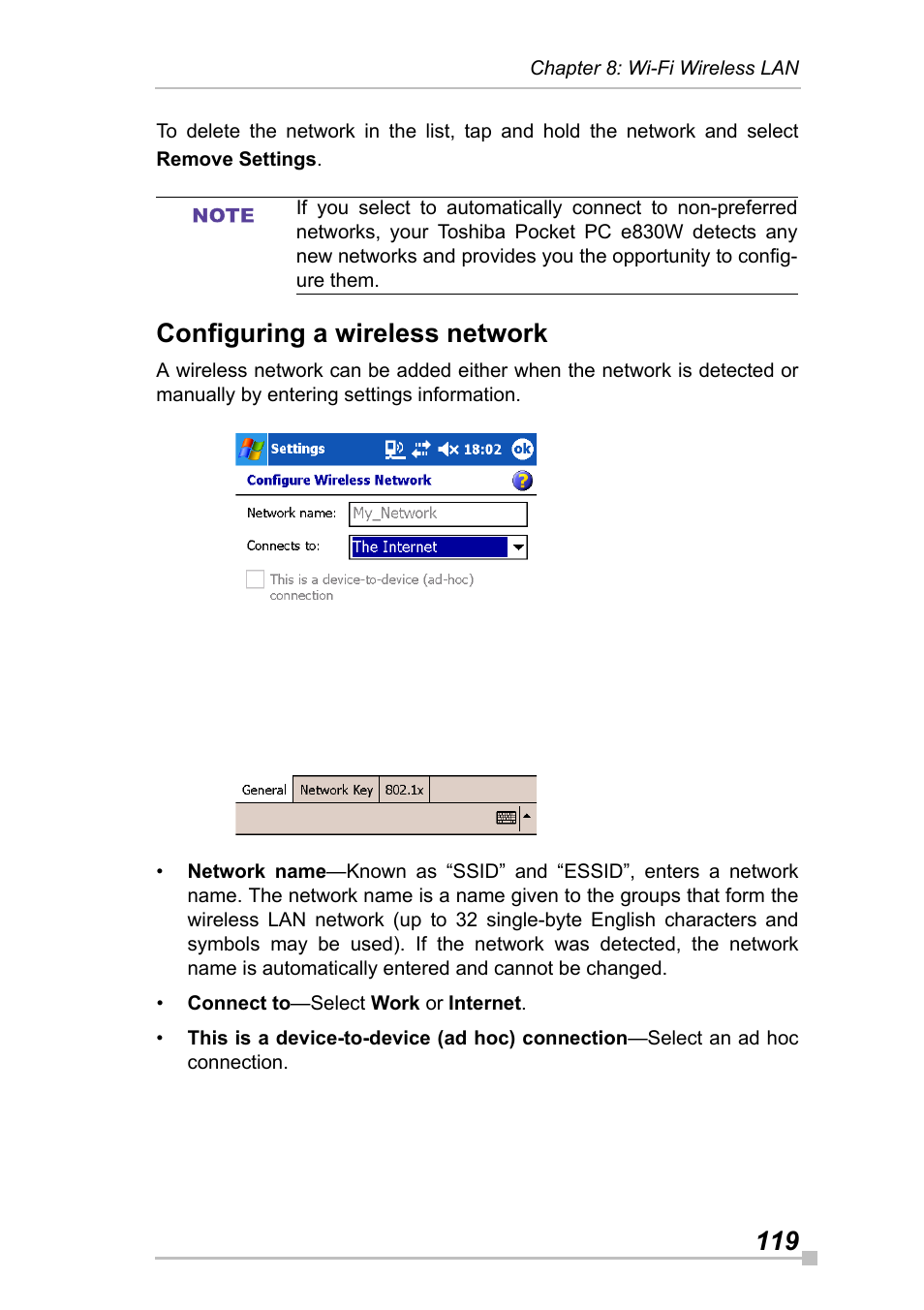 Configuring a wireless network | Toshiba Pocket Pc e830 User Manual | Page 119 / 228