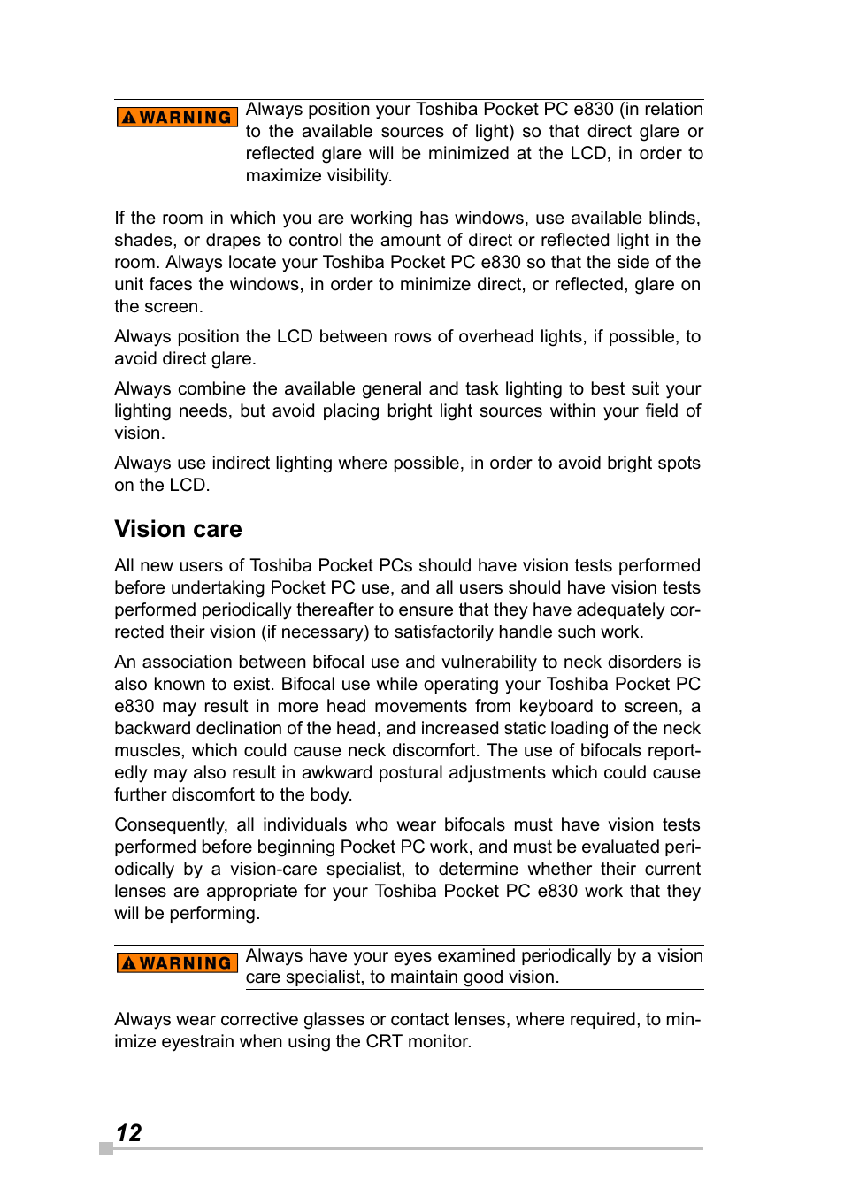 Vision care | Toshiba Pocket Pc e830 User Manual | Page 12 / 228