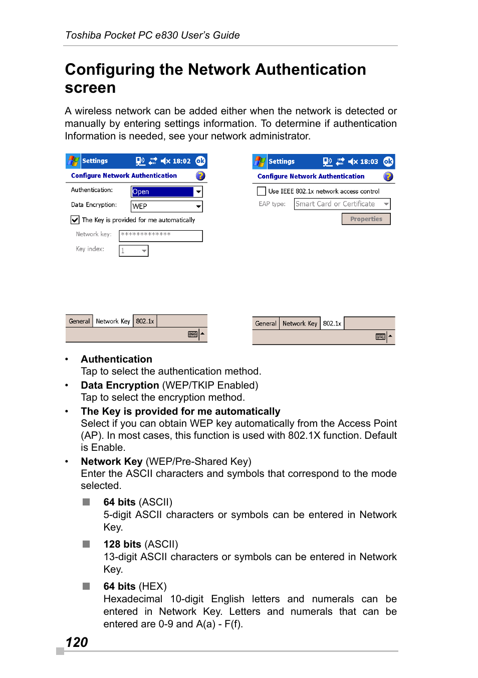 Configuring the network authentication screen | Toshiba Pocket Pc e830 User Manual | Page 120 / 228
