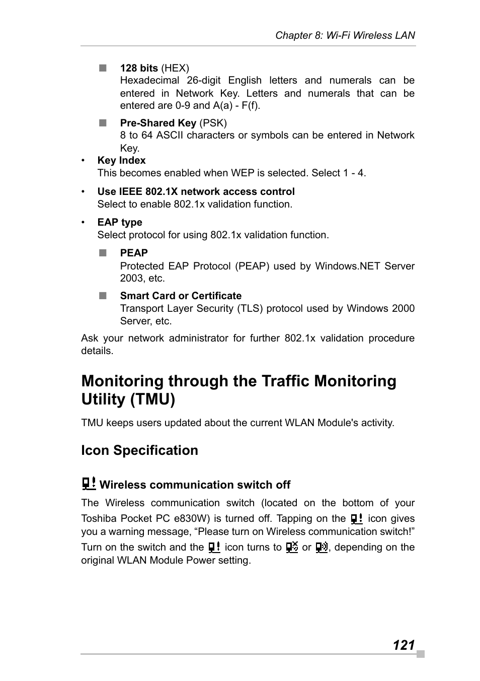 Icon specification, Wireless communication switch off | Toshiba Pocket Pc e830 User Manual | Page 121 / 228