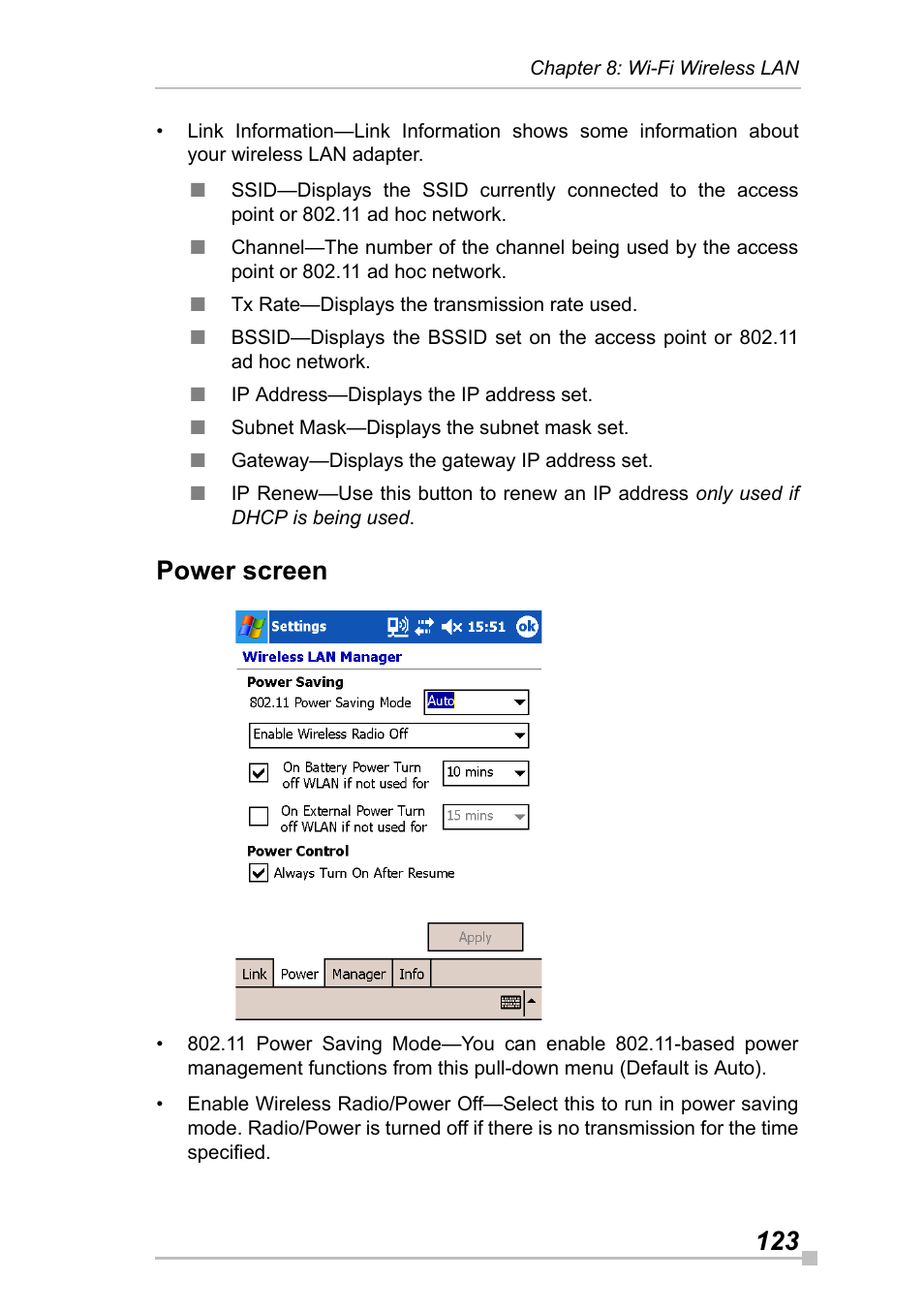 Power screen | Toshiba Pocket Pc e830 User Manual | Page 123 / 228