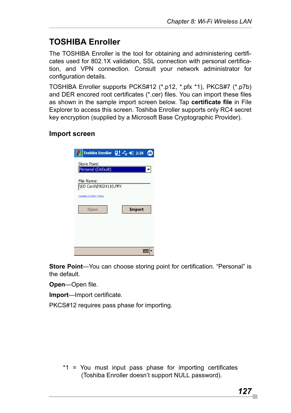 Toshiba enroller, Import screen, 127 toshiba enroller | Toshiba Pocket Pc e830 User Manual | Page 127 / 228
