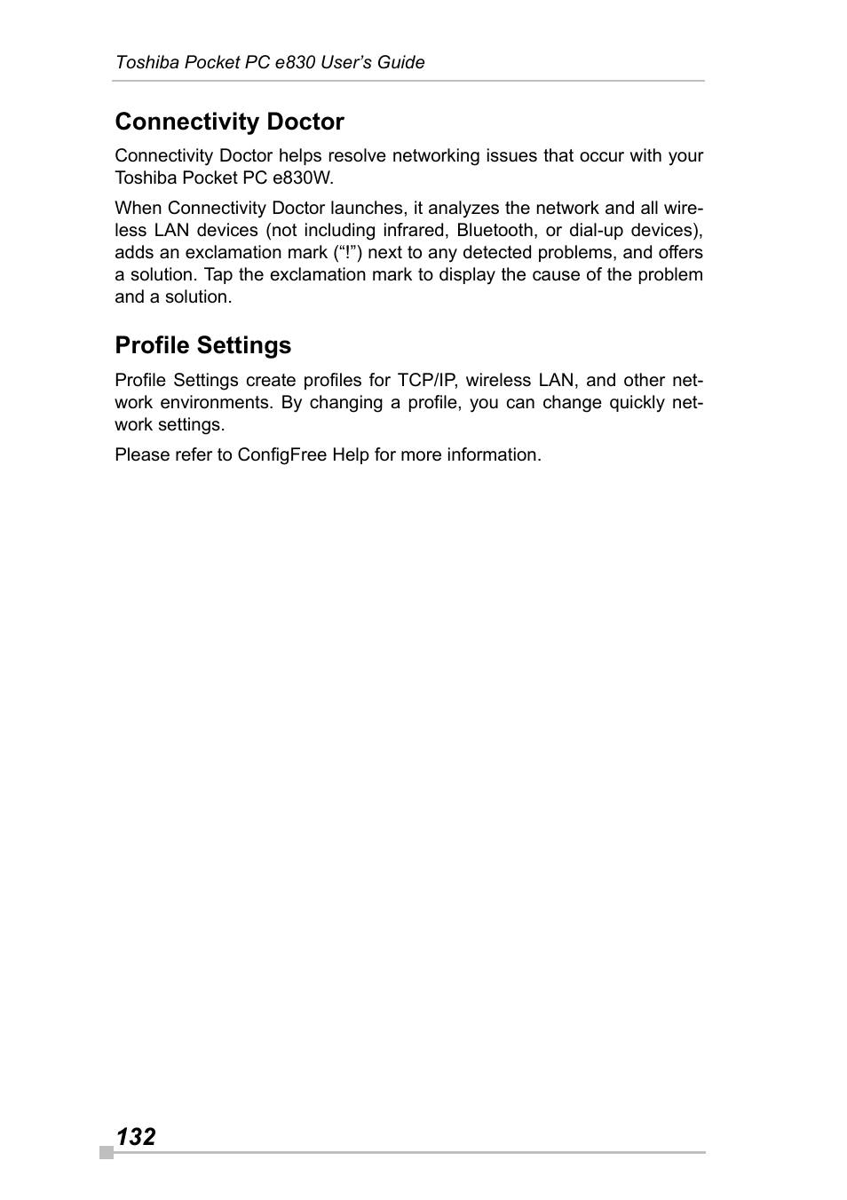 Connectivity doctor, Profile settings, 132 connectivity doctor | Toshiba Pocket Pc e830 User Manual | Page 132 / 228