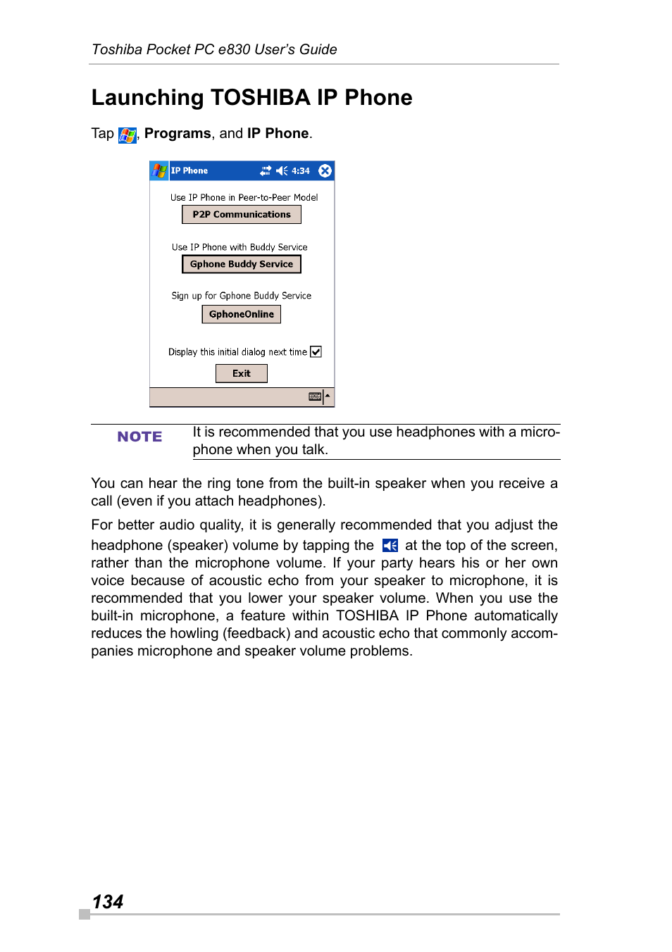 Launching toshiba ip phone | Toshiba Pocket Pc e830 User Manual | Page 134 / 228