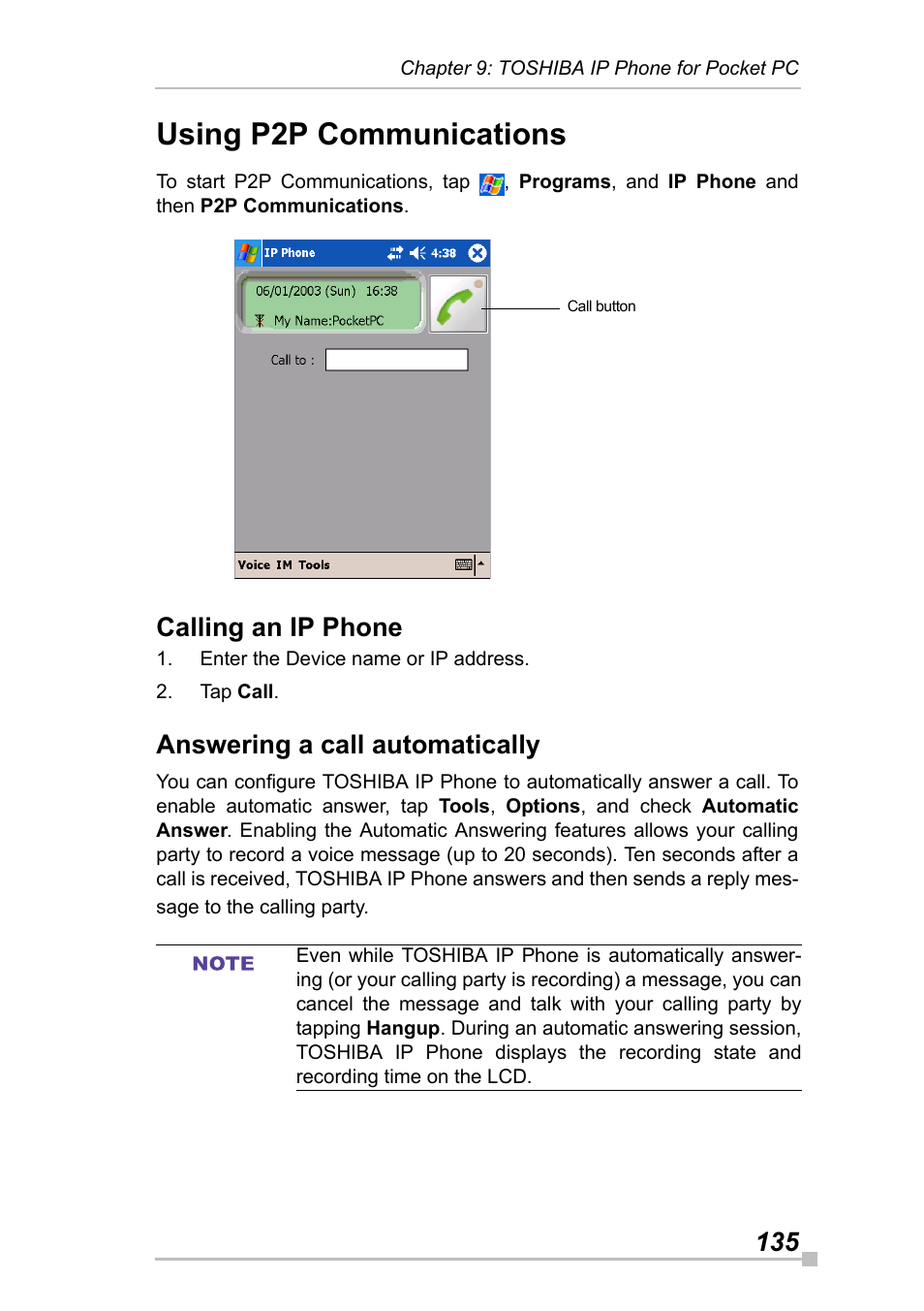 Using p2p communications, Calling an ip phone, Answering a call automatically | Toshiba Pocket Pc e830 User Manual | Page 135 / 228