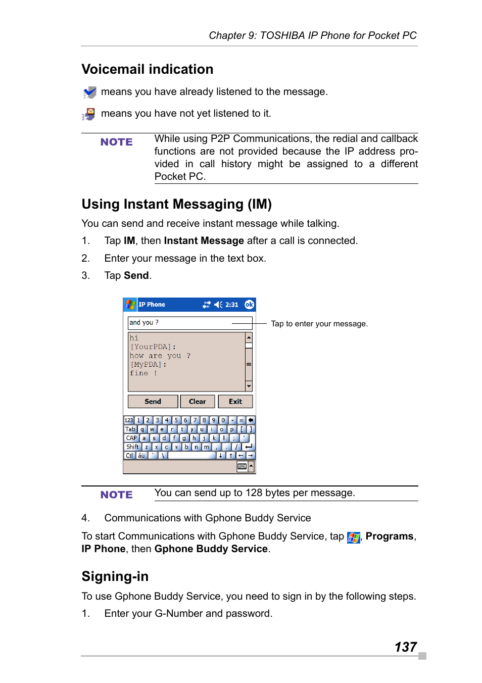 Voicemail indication, Using instant messaging (im), Signing-in | 137 voicemail indication | Toshiba Pocket Pc e830 User Manual | Page 137 / 228