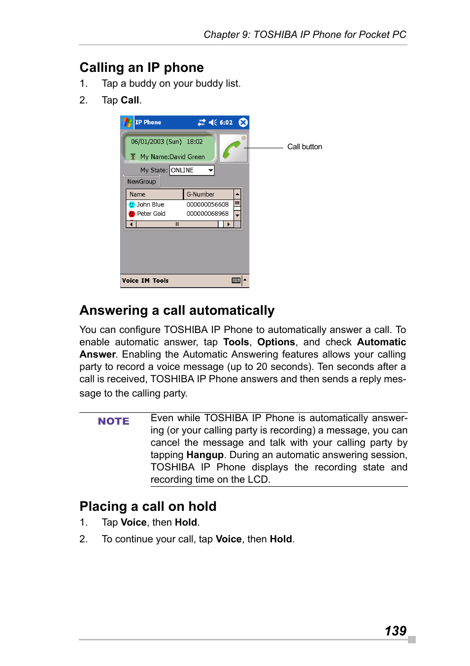 Calling an ip phone, Answering a call automatically, Placing a call on hold | 139 calling an ip phone | Toshiba Pocket Pc e830 User Manual | Page 139 / 228