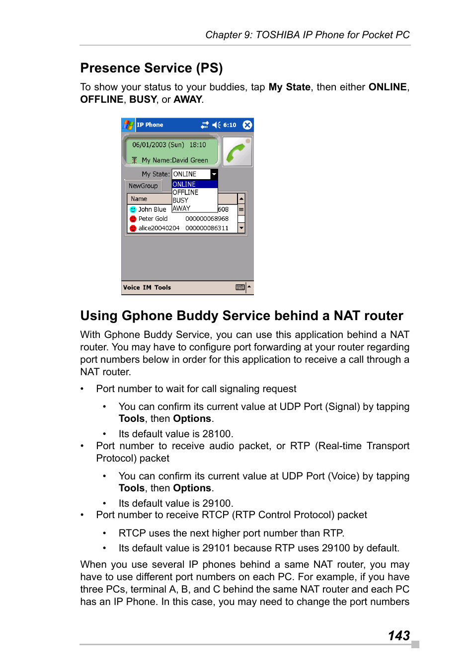 Presence service (ps), Using gphone buddy service behind a nat router, 143 presence service (ps) | Toshiba Pocket Pc e830 User Manual | Page 143 / 228